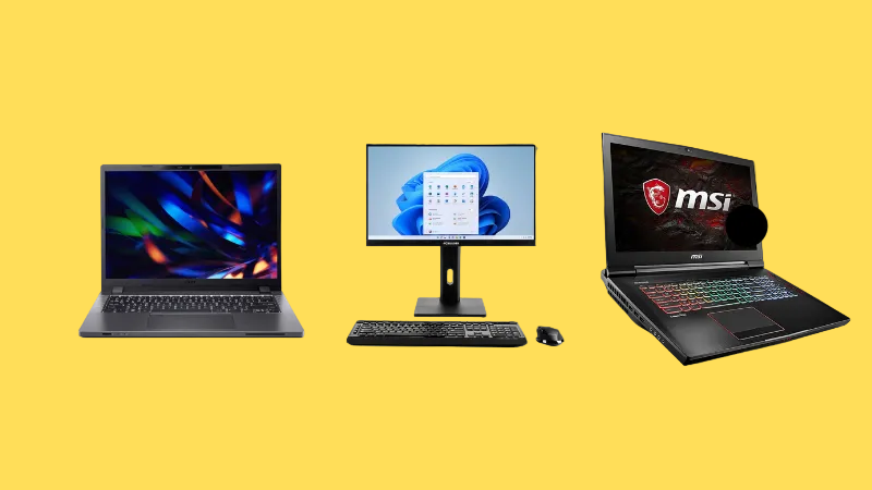 Gaming computer setup with laptops, monitor, and hardware on a yellow background