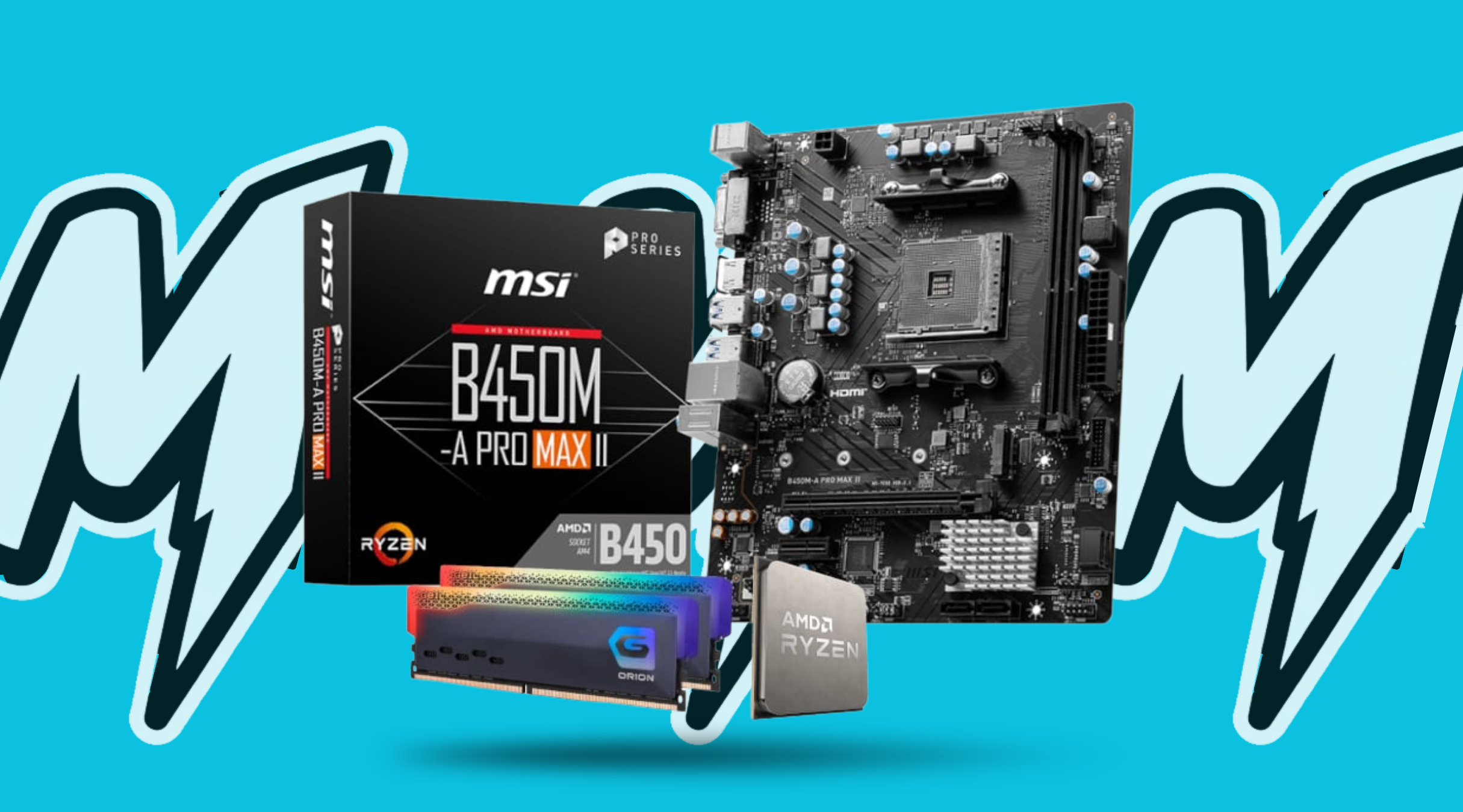 Motherboard and MSI branded components on a blue background with 'MSI' branding.